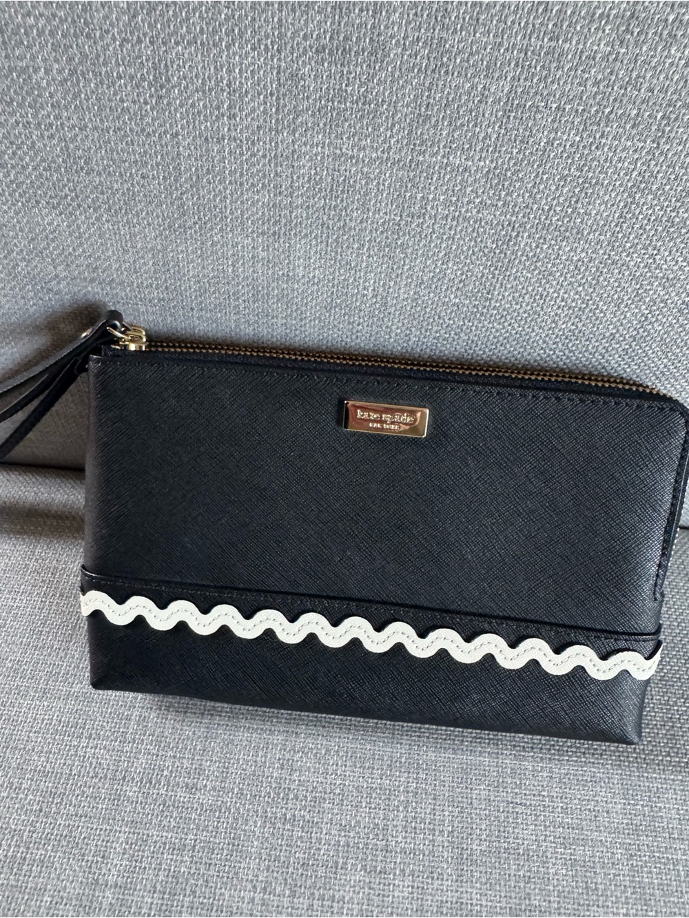 kate spade Black Wristlet Clutch with White Scalloped Trim and Gold Hardware
